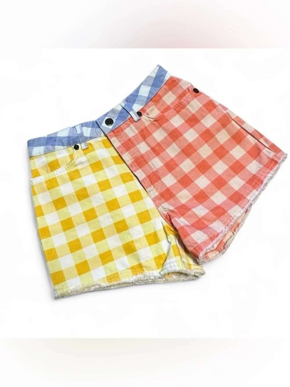 NWT FARM Rio Pastel Gingham Colorblock Denim Shorts - Yellow, Coral & Light Blue